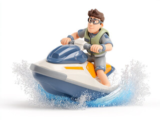 These 3D cartoon illustrations feature a small child and a large man riding sleek personal watercraft. They wear goggles and vests while splashing through crisp white water.
