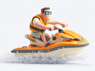 These 3D cartoon illustrations feature a small child and a large man riding sleek personal watercraft. They wear goggles and vests while splashing through crisp white water.
