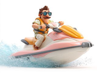These 3D cartoon illustrations feature a small child and a large man riding sleek personal watercraft. They wear goggles and vests while splashing through crisp white water.
