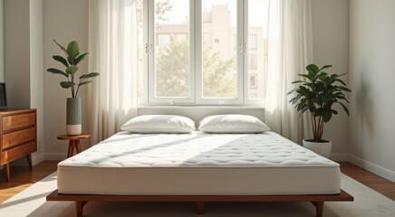 Bed with a white mattress and a plant in the corner