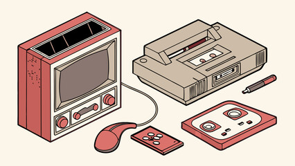 Vintage Isometric Computer Setup Illustration Retro Toaster TV Monitor Cassette Player and Gaming Accessories Design