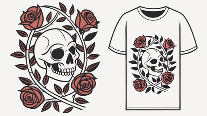 Dark Gothic Skull and Roses T-shirt Graphic Print Vintage Tattoo Style Illustration Edgy Apparel Merchandise Design