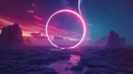 A vibrant neon lit circle glows in a futuristic landscape with rocky terrain and starry sky