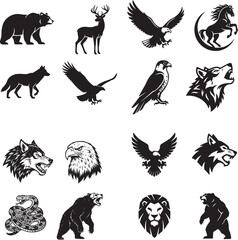 Fototapeta premium Print Diverse collection of simple black animal silhouettes for logo design and icons