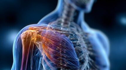 Medical visualization of a human shoulder, highlighting muscles and bone structure, showcasing a vibrant, detailed anatomy