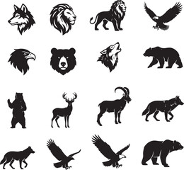 Obraz premium Print Diverse collection of simple black animal silhouettes for logo design and icons