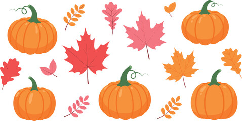 Autumn pumpkin and fall leaves illustration set with colorful harvest elements in flat style for thanksgiving designs, seasonal decorations, patterns, and nature themes