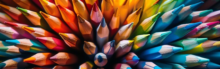 Closeup of colorful sharpened pencils arranged in a circular pattern