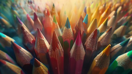 Closeup of colorful sharpened pencils with water droplets