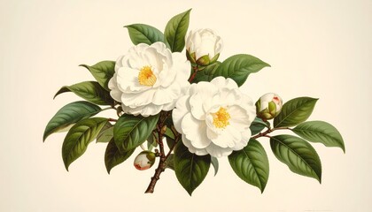 Elegant white petal flower blooming with lush green foliage and golden heart vibrant white flower with lush green foliage and bright yellow heart in nature.