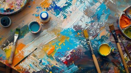 Colorful paint splatters and brushes on a wooden surface