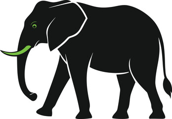 Fototapeta premium Striking black elephant silhouette with vibrant green tusks and eyes, symbolizing strength