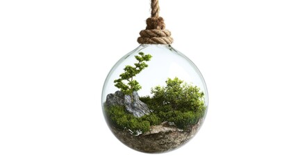 Glass terrarium with miniature tree and rocks hanging by a rope