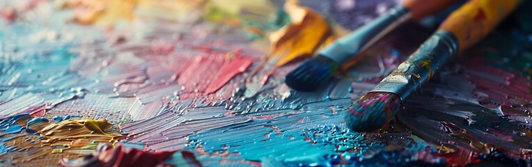 Paintbrushes with colorful paint on a palette colors 1