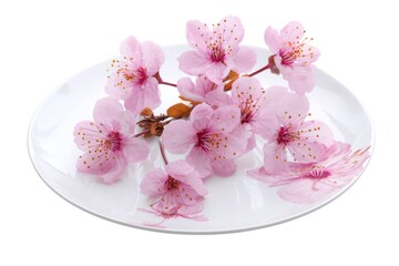 Pink cherry blossoms on a white plate flowers petals