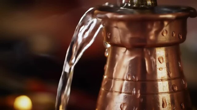 Water pouring from copper jug with closeup.