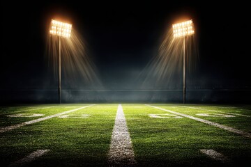 American Football Field at Night with Bright Stadium Lights Illuminating Green Turf and White Yard Lines under Dark Sky