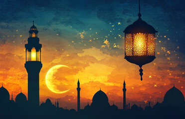 Image for Ramadan, featuring a glowing lantern and a mosque silhouette under a crescent moon, creating a serene, spiritual atmosphere.