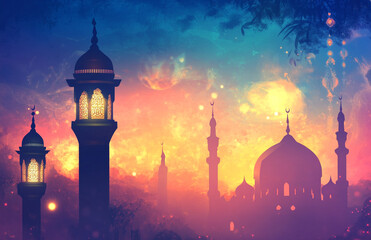Image for Ramadan, featuring a glowing lantern and a mosque silhouette under a crescent moon, creating a serene, spiritual atmosphere.