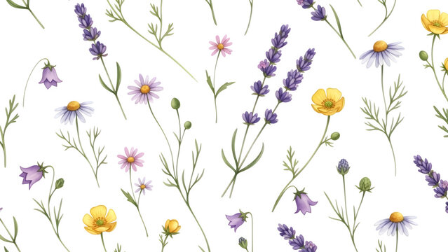 Delicate wildflower arrangement with chamomile lavender and bellflower isolated on transparent background