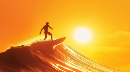 Silhouette of Surfer Riding Big Wave Against Golden Sunset Sky with Copy Space