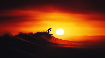 Minimalist Silhouette of Surfer Riding Wave During Dramatic Red Sunset with Copy Space