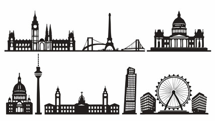 European City Skyline Silhouettes Vector Set Famous Travel Landmarks Architecture Tourism Design Elements Collection