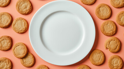 Top View of Empty White Plate Surrounded by Freshly Baked Cookies on Peach Background with Copy Space