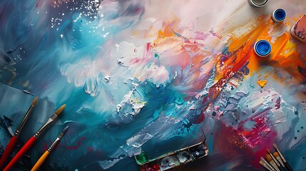 Vibrant abstract painting with brushes and palette