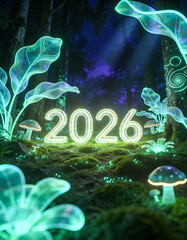 Futuristic night forest scene where the year 2026 is formed from glowing bioluminescent plants and mushrooms, soft teal and neon green light, ethereal nature meets future concept