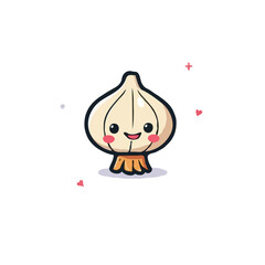 Whimsical garlic bulb character with blushing cheeks and friendly smile evokes culinary cuteness