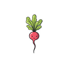 Whimsical radish character illustration with green leafy top showcasing vibrant colors and cute