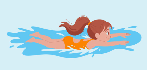 A cheerful girl swims gracefully in a bright blue pool, embodying joy and freedom, showcasing the bliss of childhood during leisure activities on a sunny day.