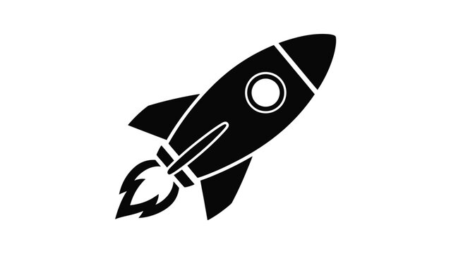 A sleek black rocket ship icon with visible exhaust flames is displayed