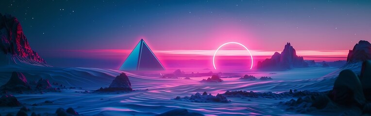A futuristic neon lit pyramid on a distant planet with a vibrant pink and blue landscape