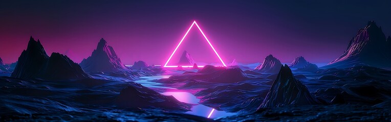 A futuristic neon lit mountain range with a glowing pink triangle in the distance landscape