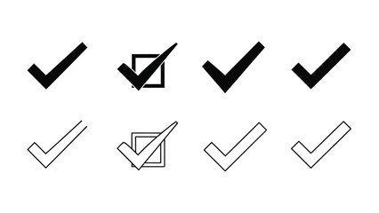 Collection of check mark icons in filled and outlined styles displayed © Tm Studio
