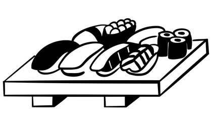 Minimalist hand-drawn black illustration of sushi variety including nigiri and maki on a wooden platter. © Suriya