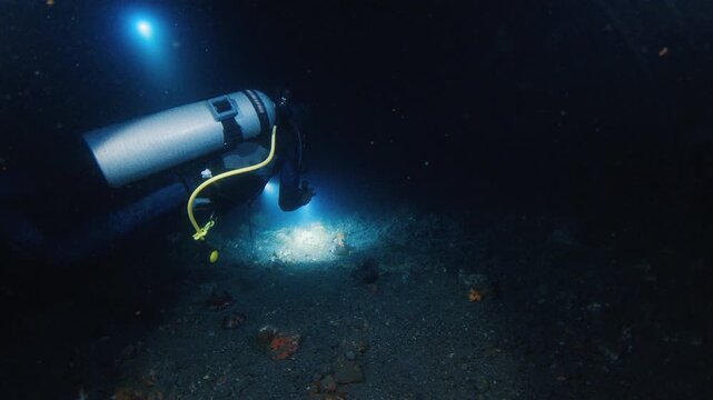 Muck diving in Indonesia. Scuba diver swims underwater in the sea at night and searches creatures with the torch. Muck diving on Alor island in Indonesia