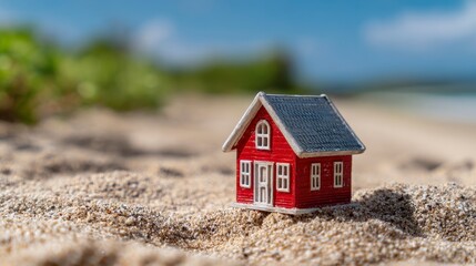 Miniature red house on a sandy beach, with a blurred ocean and foliage in the background under a bright, clear sky