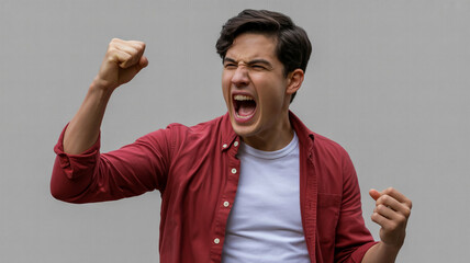 Fototapeta premium Young man with dark hair and a red shirt shouts with joy and pumps his fists in the air