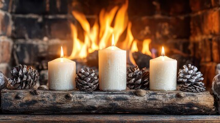 Cozy Fireplace Scene with Burning Candles and Pinecones on a Rustic Log Winter Decoration