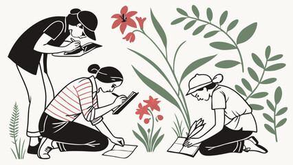 Botanists Studying Plants Outdoors, Documenting Flora for Research and Education, Inspiring Nature Exploration and Scientific Discovery