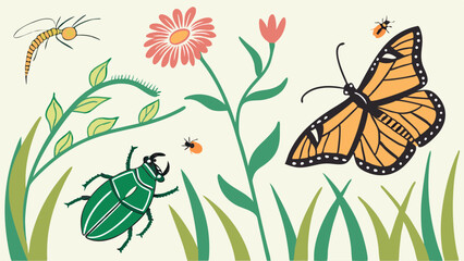 Vibrant Summer Garden Scene with Butterflies, Beetles, and Flowers for Nature, Wildlife, and Eco-Friendly Marketing Campaigns