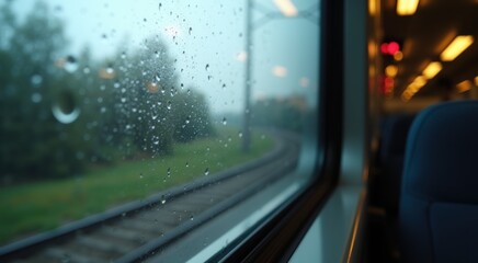 View of a train window with rain drops on the glass