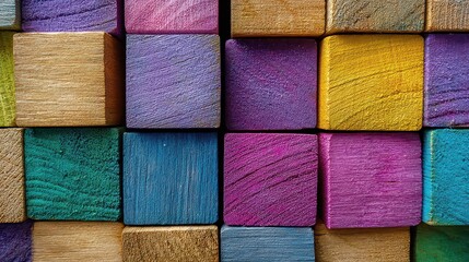 Colorful Wooden Cubes Array With Textured Surfaces, Vibrant Spectrum, Close Up Perspective and Geometric Pattern, Abstract Design With Interlocking Blocks
