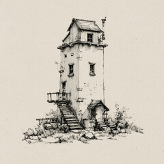 A detailed black and white ink sketch of a tall, rustic lighthouse-style building with stairs, windows, and chimneys on textured paper.