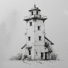 A detailed black and white ink sketch of a tall, rustic lighthouse-style building with stairs, windows, and chimneys on textured paper.