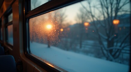 Fototapeta premium View of a snowy landscape through a window of a train
