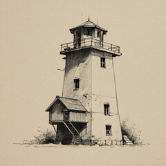 A detailed black and white ink sketch of a tall, rustic lighthouse-style building with stairs, windows, and chimneys on textured paper.